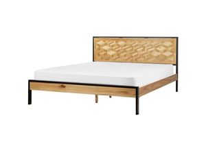 4255664864741 - Holzbett Hellbraun u Schwarz MDF-Platte u Metallgestell mit Lattenrost 180 x 200 cm Hohes Kopfteil 3D-Effekt Modernes Design für Schlafzimmer