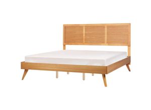 4255664868435 - Bett Heller Holzfarbton MDF-Platte mit Lattenrost 180 x 200 cm Hohes Kopfteil Holzbeine Rustikal Klassich Schlafzimmer Doppelbett