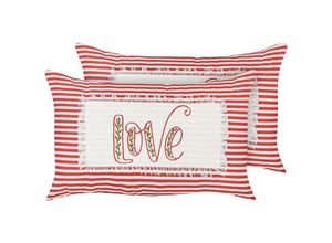 4255664871695 - Beliani - Dekokissen 2er Set Rot u Weiß aus Baumwolle Gestreift Love Schriftzug 30 x 50 cm Rechteckig Wohnaccessoires Dekoration Sofa Bett Wohnzimmer