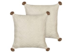 4255664871725 - Beliani - Dekokissen 2er Set Beige aus Baumwolle 45 x 45 cm Quadratisch mit Flechtmuster Pompons Modern Deko Sofa Sessel Bett Wohnzimmer Schlafzimmer