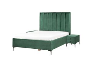 4255664872609 - Beliani - Bett mit 2 Nachttischen Dunkelgrün Samtstoff Gesteppt mit Hohem Kopfteil Bettkasten Lattenrost 140x200cm Hochklappbar Schlafzimmer Komplett