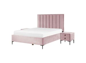 4255664872647 - Bett mit 2 Nachttischen Rosa Samtstoff Gesteppt mit Hohem Kopfteil Bettkasten Lattenrost 160x200 cm Hochklappbar Schlafzimmer Komplett Set