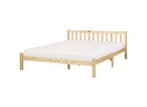 4255664874474 - Bett Hellbraun Kiefernholz mit Lattenrost 160 x 200 cm Hohes Kopfteil Lattenoptik Klassisch Skandinavisch Schlafzimmer Holzbett Doppelbett