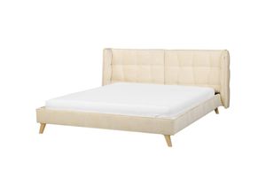 4255664875556 - Bett Hellbeige Samtbezug mit Lattenrost 160 x 200 cm Hohes Ohrensessel-Kopfeil Gesteppt Helle Holzbeine Retro Glamourös Polsterbett Doppelbett