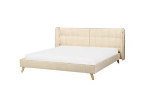 4255664875563 - Bett Hellbeige Samtbezug mit Lattenrost 180 x 200 cm Hohes Ohrensessel-Kopfeil Gesteppt Helle Holzbeine Retro Glamourös Polsterbett Doppelbett