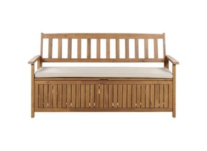 4255664876652 - Beliani - 3-Sitzer Gartenbank Hellbrun Akazienholz 160 cm mit Stauraum Auflage Taupe Armlehnen Rückenlehne Latten-Optik Garten Terrasse Wintergarten