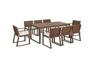 4255664876775 - Beliani - Gartenmöbel Set 8-Sitzer Dunkelbraun Akazienholz Tisch mit 8 Stühlen und Sitzkissen Cremeweiß Rustikal Modern Terrasse Garten Ausstattung