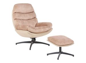 4255664878458 - Sessel mit Hocker Sandbeige Samtbezug Gesteppt Drehfunktion Dicke Polsterung Niedrige Armlehnen Retro Wohnzimmer Schlafzimmer Flur Ausstattung