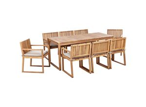 4255664879059 - Beliani - Gartenmöbel Set 8-Sitzer Hellbraun Zertifiziertes Akazienholz Tisch mit 8 Stühlen und Sitzkissen Taupe Rustikal Modern Terrasse Garten