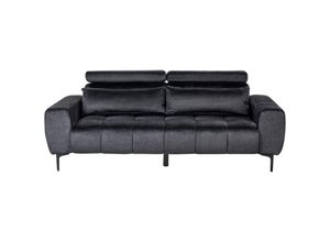 4255664879554 - 3-Sitzer Sofa Schwarz Samt Rückenlehne u Kopfteil Verstellbar mit Kissen Schwarze Metallfüße Breite Armlehnen Modern Wohnzimmer Polstersofa