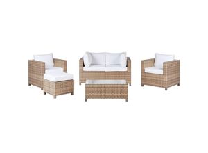 4255664883131 - Beliani - Lounge Set Beige Rattan 5-Teilig für 4 Personen mit Kissen Cremeweiß Modern 2er Sofa 2 Sessel Ottomane und Couchtisch Outdoor Terrasse