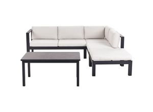 4255664883155 - Lounge Set Schwarz Aluminium mit Auflagen Cremeweiß Stoff Skandi Modern 5-Sitzer Ecksofa Ottomane und 1 Couchtisch Terrasse Garten Möbel