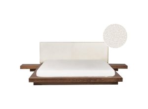 4255664883919 - Wasserbett Holzfarbton Bouclé u MDF-Platte Matratze 180x200 cm 2 Nachttische Hohes Kopfteil Japanischer Stil Plattform-Bett Futonbett