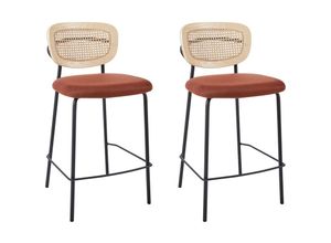 4255664884732 - Set aus 2 Barstühlen Orange Polyesterpolsterung Naturrattan Wiener Geflecht Rückenlehne Schwarz Metallbeine Armlose Hocker