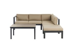 4255664884954 - Lounge Set Schwarz Aluminium mit Auflagen Sandbeige Stoff Skandi Modern 5-Sitzer Ecksofa Tisch Ottomane Terrasse Garten Möbel