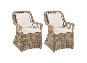 4255664885494 - Gartensessel 2er Set Natürlich Rattan mit 4 Auflagen Hellbeige Baumwolle Terrasse Balkon Außen Wohnzimmer Gartenzubehör im Retro Stil