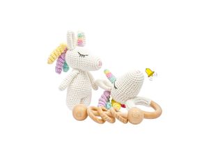 4255686400231 - Handgestrickter Einhorn Rainbow Set Babyrassel Holz Baumwolle 16 cm