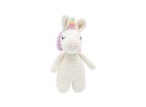 4255686400354 - Handgestrickter Einhorn gehäkelt aus Baumwolle Spielzeug 16 cm