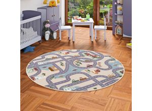 4255686708047 - - Kinder Spiel Straßenteppich Fun Town Beige Rund - 100 cm Rund