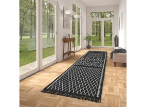 4255686727734 - - Läufer Beidseitig Teppich Ethno Kelim Schwarz Weiss - 80x150 cm