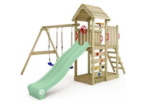 4255689930858 - Spielturm Klettergerüst MultiFlyer Holzdach mit Schaukel & Rutsche Kletterturm mit Holzdach Sandkasten Leiter & Spiel-Zubehör - pastellgrün