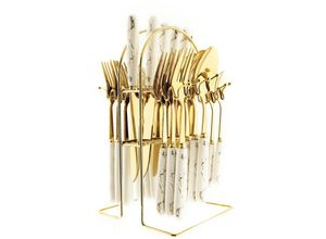 4255698222586 - - 24-Teilig Besteckset mit Ständer 18 10 Edelstahl Gabel Messer Löffel Essgeschirr Keramik DS008