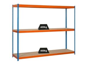 4255750434223 - Proregal-zertifizierte Qualitätsprodukte - proregal Schwerlastregal mid wood yeti three 150x120x45cm Blau-Orange - Blau-Orange