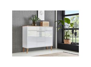 4255788900011 - BMG Möbel Kommode »Mailand 11« in Artisan  weiß Hochglanz lackiert mit Holzfüßen Schubladenkommode Anrichte Sideboard