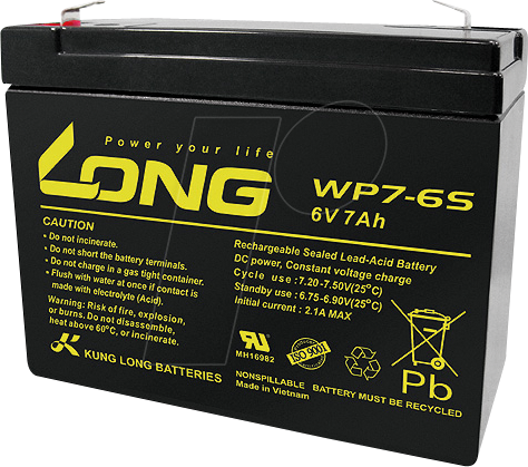 4260030442355 - Long WP7-6S WP7-6S Bleiakku 6 V 7 Ah Blei-Vlies (AGM) (B x H x T) 116 x 99 x 50 mm Flachstecker 48 mm Geringe Selbstentladung Wartungsfrei