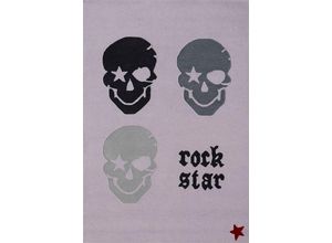 4260133933590 - Kinderteppich ROCK STAR BABY RN2383-1 Teppiche Gr B L 200 cm x 300 cm 15 mm 1 St grau Kinder Kinderzimmerteppiche handgearbeiteter Konturenschnitt 80% Wollanteil Motiv Totenkopf