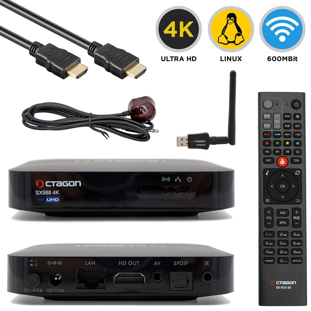 4260189999328 - SX988 4K UHD Linux E2 IP-Receiver mit 300 MBit s WLAN Stick 2dBi H265 LAN HDMI USB