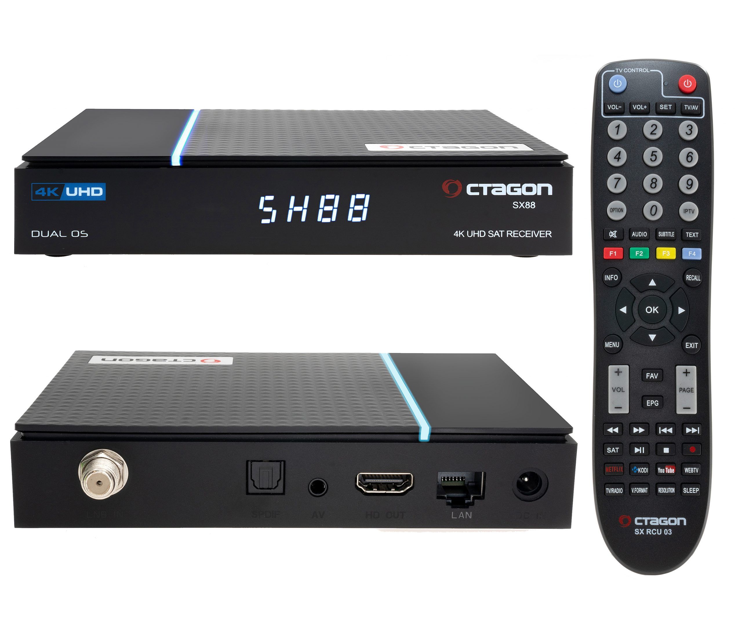 4260189999755 - SX88 V2 4K UHD Sat IP-Receiver Linux E2 + Define OS DVB-S2 Kartenleser HDMI Schwarz