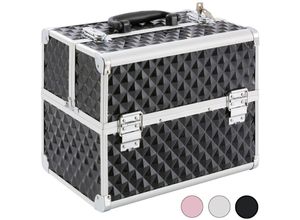 4260199751107 - Kosmetikkoffer 15L 5 Fächer Aluminium Diamant-Muster inkl Schloss & Schlüssel 2 ausklappbare Etagen Samteinlage 32 x 27 x 22 cm Schwarz - Arebos