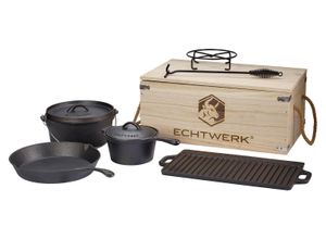 4260238062577 - Topf-Set Dutch Oven Gusseisen (Set 7-tlg Kochtopf Stieltopf Pfanne Grillplatte Deckelheber Untersetzer) Gusseisen BBQ Kochtopf-Set Feuertopf ofenfest Holzkiste schwarz