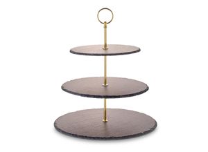 4260238064922 - Etagere Servierplatten Gr H 35 cm goldfarben Etagere für Gebäck Obst Käse und Dessert aus Naturschiefer mit Metallgriff