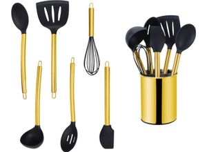 4260238067688 - Küchenorganizer-Set (Set 7-tlg) Kochbesteck mit Edelstahlgriff Antihaft-Silikon mit Utensilienhalter goldfarben