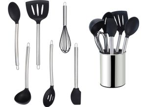 4260238067695 - Küchenorganizer-Set ECHTWERK silber (silberfarben) Edelstahl Silikon Küchenhelfer-Sets Kochbesteck mit Edelstahlgriff Antihaft-Silikon mit Utensilienhalter