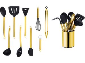 4260238067725 - Küchenorganizer-Set (Set 10-tlg) Kochbesteck mit Edelstahlgriff Antihaft Silikon Utensilienhalter goldfarben