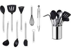 4260238067732 - Küchenorganizer-Set (Set 10-tlg) Kochbesteck mit Edelstahlgriff Antihaft Silikon Utensilienhalter silberfarben