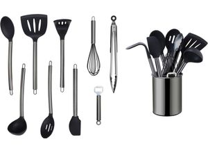 4260238067749 - Küchenorganizer-Set (Set 10-tlg) Kochbesteck mit Edelstahlgriff Antihaft Silikon Utensilienhalter schwarz