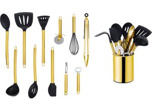 4260238067763 - Küchenorganizer-Set (Set 12-tlg) Kochbesteck mit Edelstahlgriff Antihaft Silikon mit Utensilienhalter goldfarben