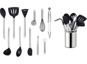 4260238067770 - Küchenorganizer-Set (Set 12-tlg) Kochbesteck mit Edelstahlgriff Antihaft Silikon mit Utensilienhalter silberfarben