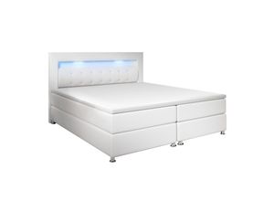 4260304767733 - Boxspringbett Montana - Bett inkl Topper Bonell-Federkernmatratze H3 & led Beleuchtung – Komfortbett mit Kunstleder 140 x 200 cm – Weiß - Juskys