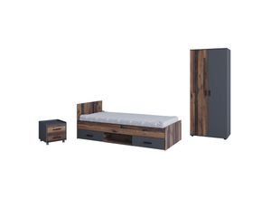 4260347793980 - AI-SEN nonjoo-Teen Artikel Set 3 best aus Einzelbett 90 x 200 cm mit Bettschubalden Set (2 Schubladen) auf Rollen mittig offenem Fach Nachtkonsole mit 2 Schubladen Kleiderschrank 2-trg