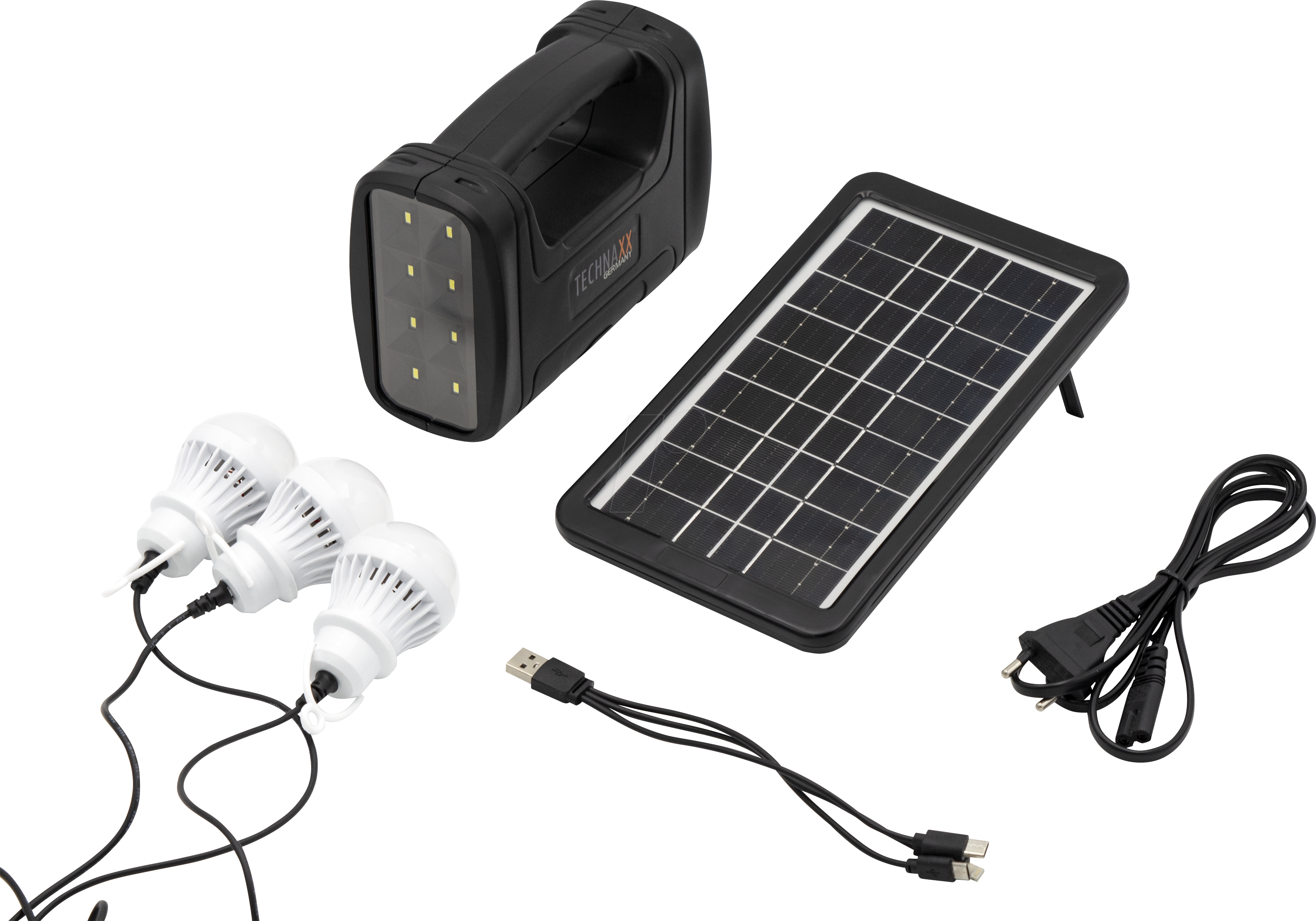 4260358125404 - Solarstrom-Kit - wiederaufladbar - 23 x 14 cm - 5m Kabel - 3 LED-Leuchten - USB - schwarz