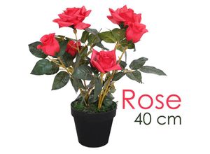 4260360532634 - Rose Rosenstock Rosenbusch Kunstpflanze Künstliche Pflanze mit Blüten Rot 40 cm Kunstblume Innendekoration Kunst Pflanze wie echt im Topf Decovego