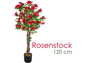 4260360532658 - Rose Rosenstock Rosenbusch Kunstpflanze Künstliche Pflanze mit Blüten Rot Echtholz 120 cm Kunstblume Innendekoration Kunst Pflanze wie echt im Topf