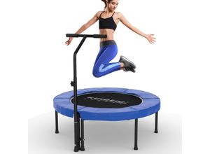 4260378785947 - KINETIC SPORTS Fitness Trampolin Indoor Ø 102 cm Testbild Top Marke Garten extra leise und gelenkschonend inkl Gummiseilfederung 4-fach höhenverstellbarer Haltegriff Max belastbar 120 kg Ø 100 cm Blau