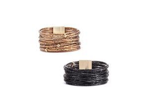 4260436109036 - Wickelarmband Set LASCANA Gr Lederimitat schwarz (schwarz bronze) Damen Armbänder in Layer Optik mit Perlen Magnetarmband Armketten Set