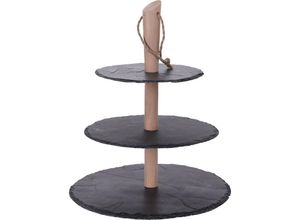 4260461477186 - Schiefer Etagere 36 cm - 3 Platten - Servierplatte mit Holzständer - Etagenständer 3-stöckig